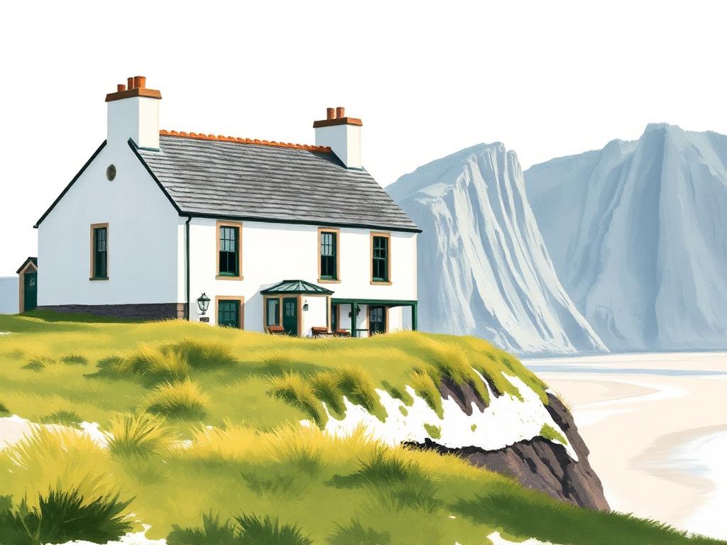 A whitewashed Irish hotel with a slate roof on a grassy headland above an Atlantic strand, the Minaun cliffs rising dramatically in the distance