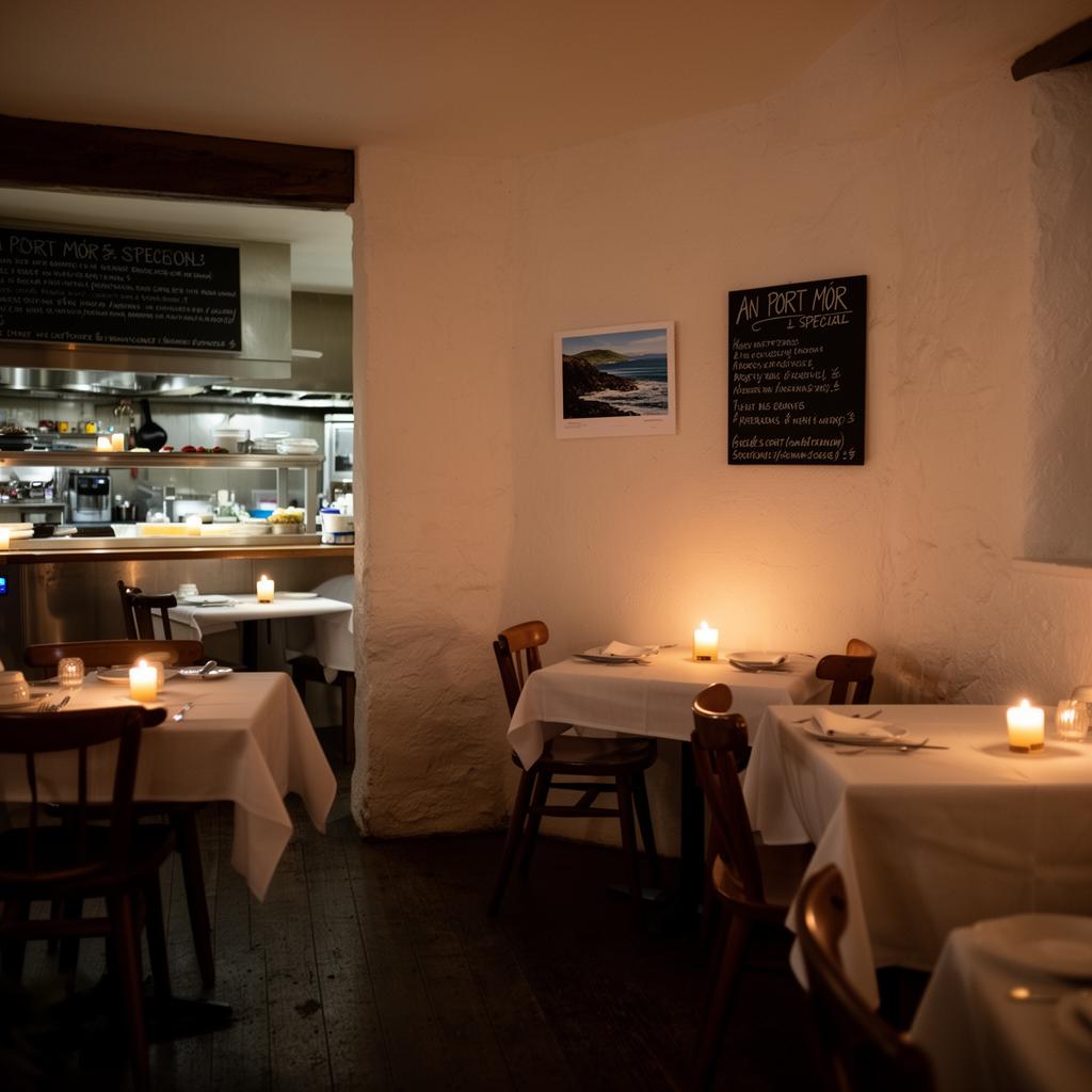 The candlelit dining room of An Port Mór in Westport — whitewashed walls, dark wooden floor, a few set tables with white linens and candles, the open kitchen pass visible behind.