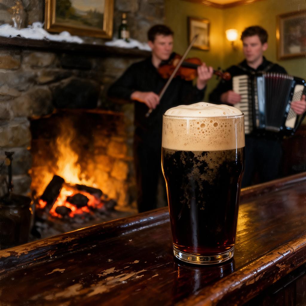 A creamy pint of stout on a worn wooden bar with a fiddle player and an accordion player in soft focus behind, an open turf fire glowing in a stone hearth — a small Belmullet locals' bar in winter, painterly editorial style.