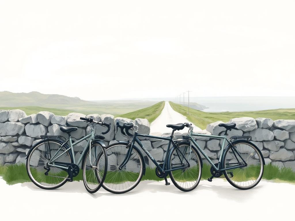 Hire bicycles leaning against a low limestone drystone wall on Inis Mór with a narrow pale road stretching ahead through karst landscape towards the Atlantic