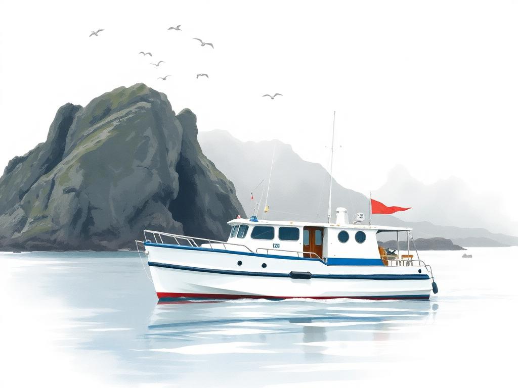 A small white-and-blue Irish ferry boat on calm Atlantic water near a rocky Connemara headland