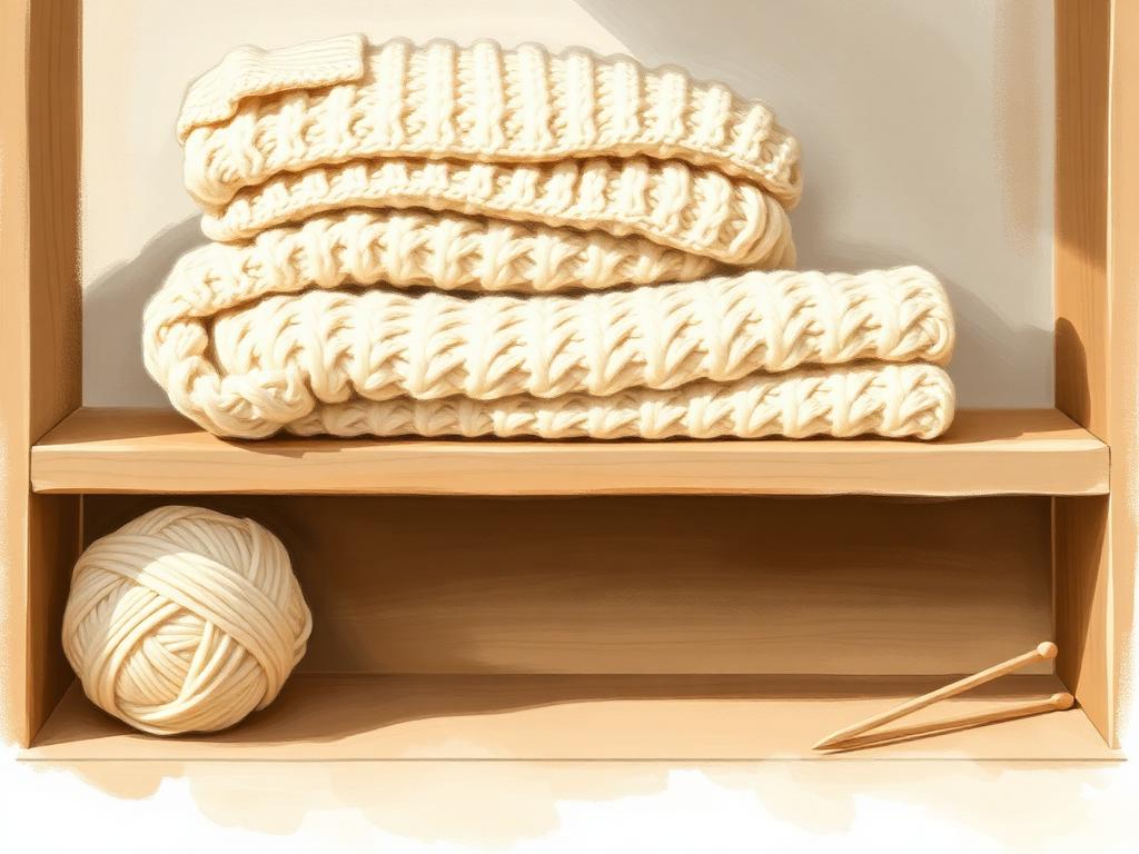 Folded cream Aran báinín wool sweaters with cable-knit patterns stacked on a wooden shelf, a ball of natural wool and wooden knitting needles to the side