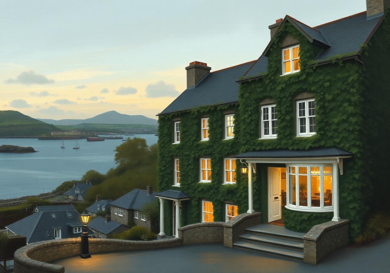 Painterly view of a grand ivy-clad three-storey family hotel at the head of Dunfanaghy harbour, white sash windows and a stone porch glowing with warm evening light, Sheephaven Bay and a soft Atlantic sky behind.
