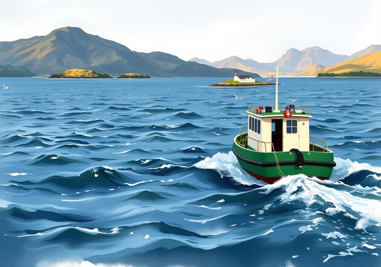 Small green and white car ferry crossing a sheltered Donegal sound from Burtonport pier toward Arranmore island, low whitewashed island settlement and lighthouse visible across choppy navy water, mainland Donegal mountains on the horizon, painterly editorial style.