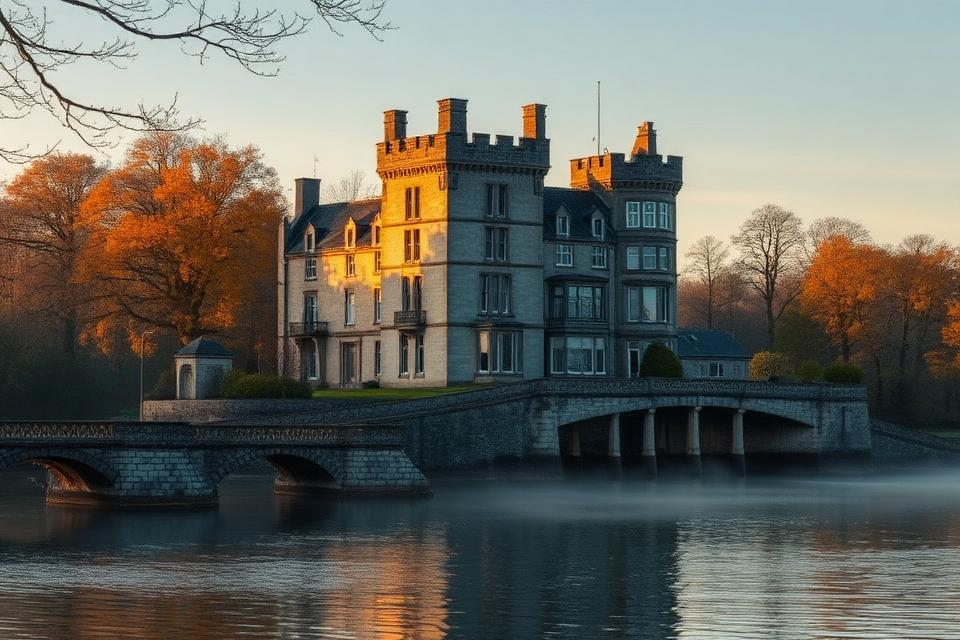 Ashford Castle at golden hour — a turreted grey-stone Victorian-Gothic castellated mansion on the misty shore of Lough Corrib, autumn beech and oak woodland behind, a low stone bridge in the foreground.