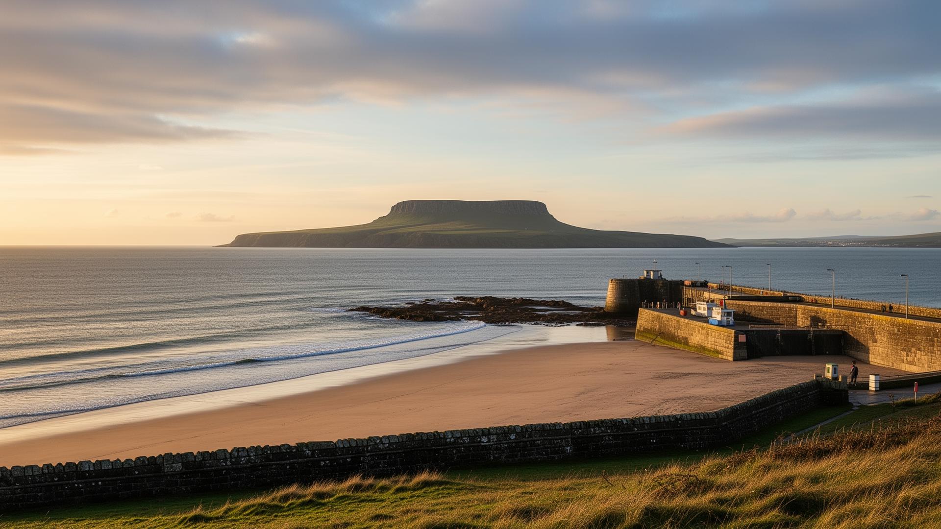 Ballycastle harbour and beach with the low profile of Rathlin Island on the horizon.