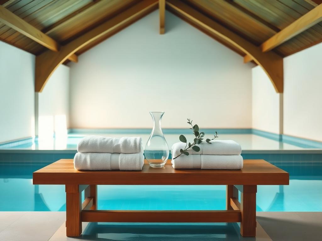 Painterly still life of an empty hotel spa pool with soft underwater light reflecting on a vaulted timber ceiling, two folded white towels on a teak bench beside a glass carafe of water and a sprig of eucalyptus.