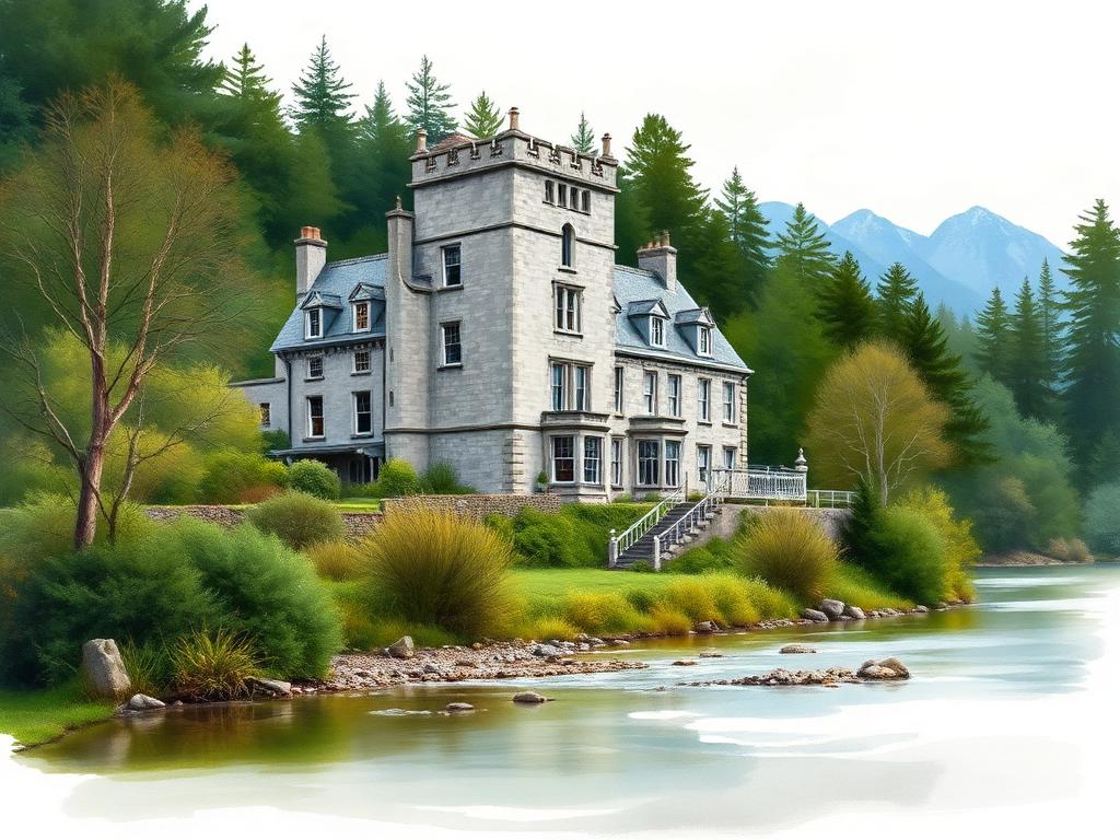 A grey-stone Victorian Irish country castle hotel with a square tower set among woodland beside a calm salmon river, the Twelve Bens faintly visible in the distance