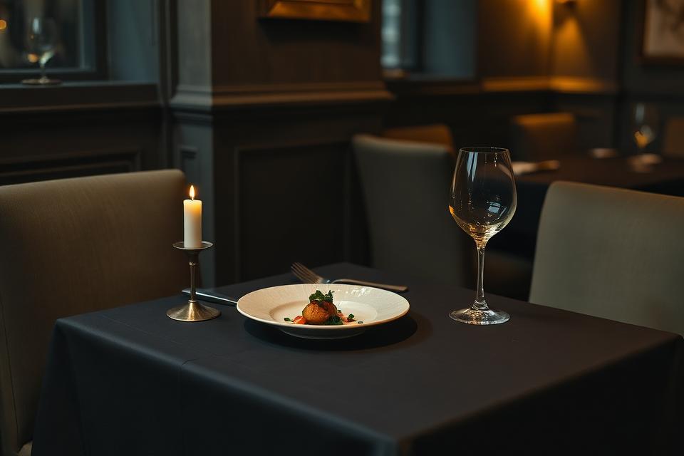 Bastion's dining room — a single elegantly plated dish on a dark linen table, candle and wine glass beside it, low warm light.