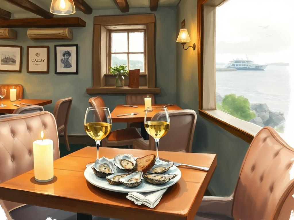 A candlelit table set with a plate of fresh oysters and brown bread, a glass of white wine, and a window view to the grey Atlantic