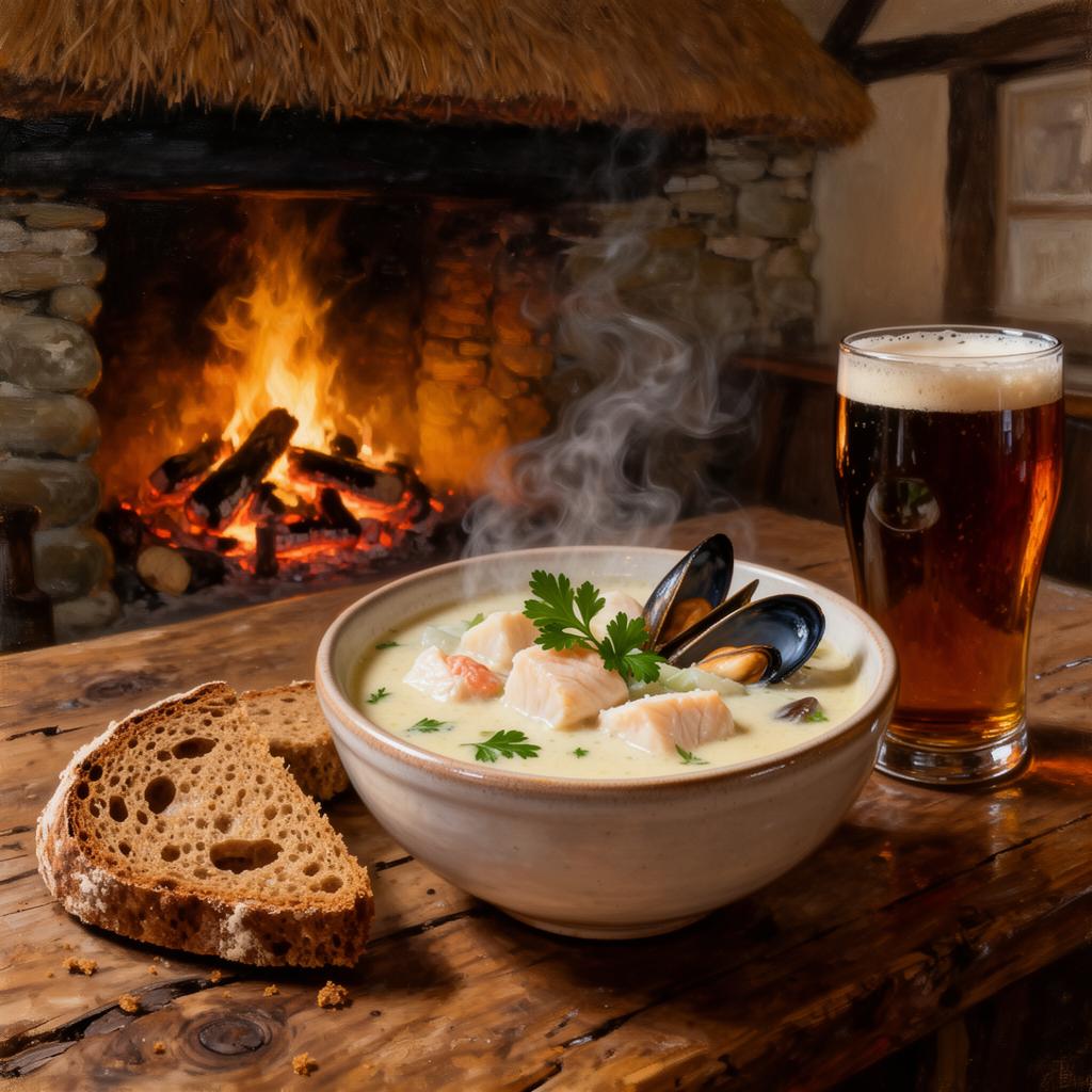 A steaming bowl of creamy seafood chowder with mussels and parsley on a worn timber table, brown soda bread and a glass of stout beside it, a turf fire glowing in a stone hearth in a thatched 17th-century cottage bar behind, painterly editorial style.