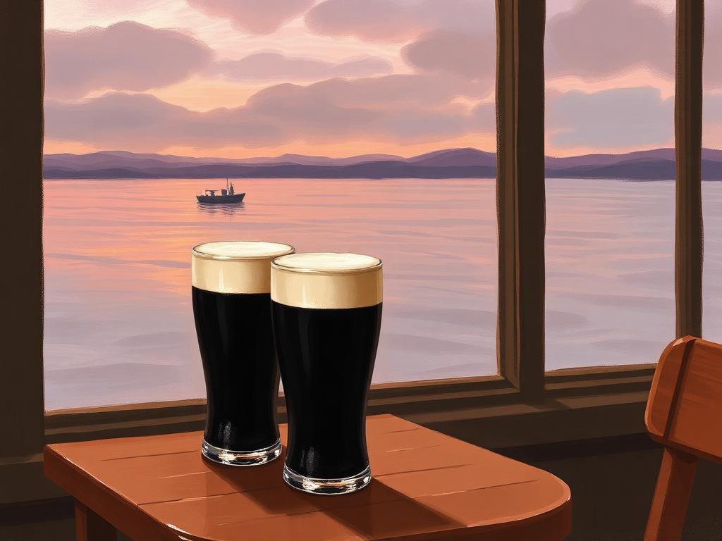 Painterly close-up of two pints of dark stout with creamy heads on a small wooden seafront pub table beside a window framing a soft-focus pink-and-mauve dusk view over Lough Swilly with a tiny silhouetted boat far out.