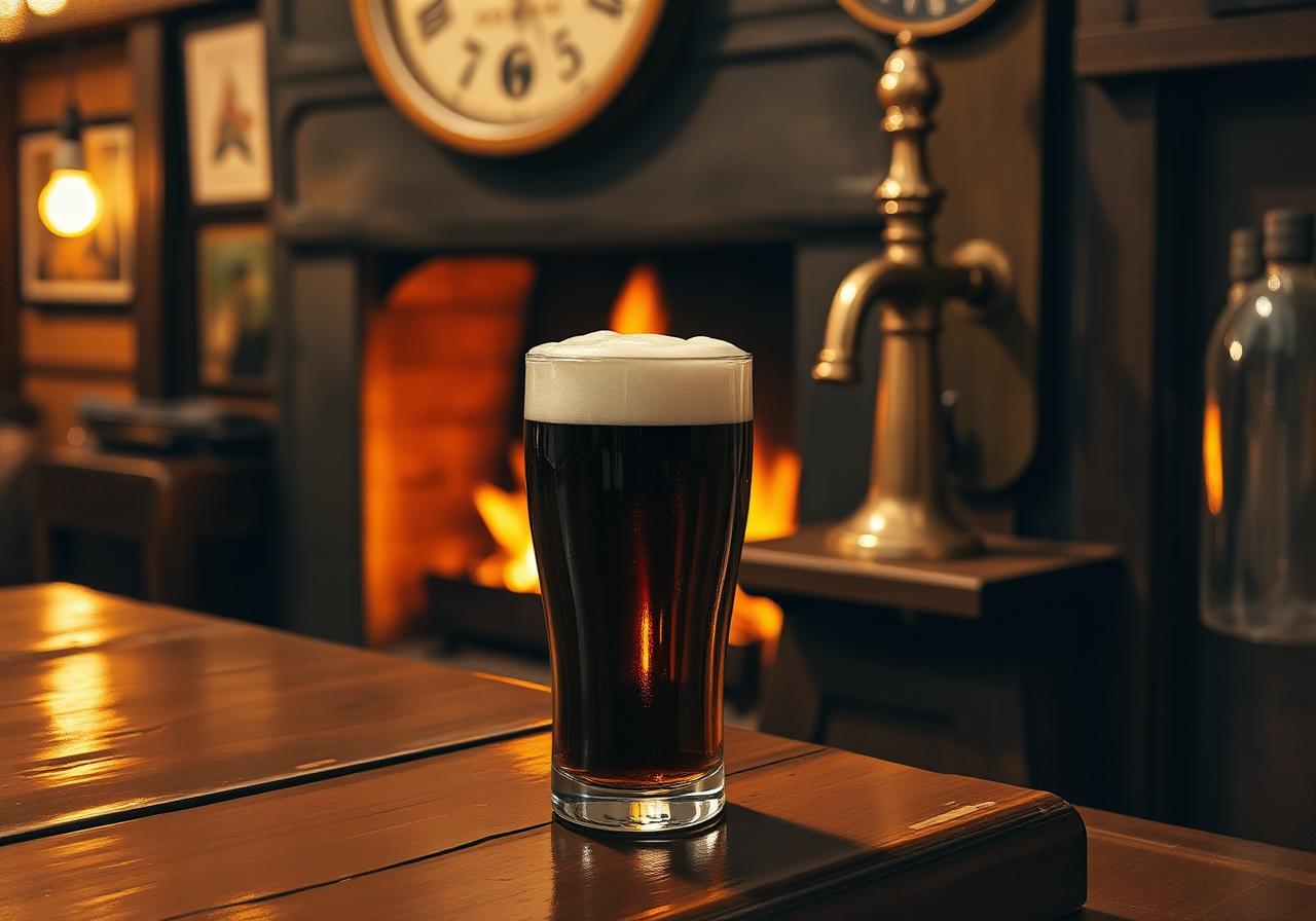 Painterly close-up of a creamy-topped pint of stout on a polished wooden bar counter at Beedy's in Dungloe, warm bokeh of a turf fire and a brass tap glowing behind in deep amber shadows.