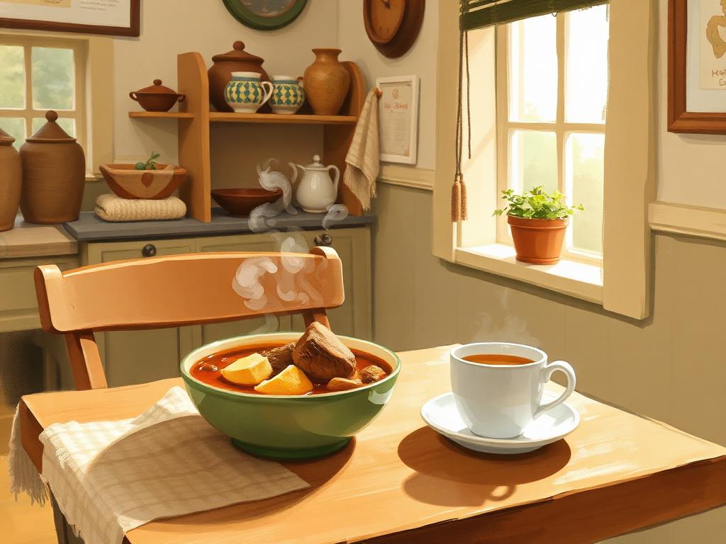 A cosy daytime cafe interior — wooden table with a steaming bowl of Achill lamb stew, a buttered scone and a mug of tea, soft daylight from a small window