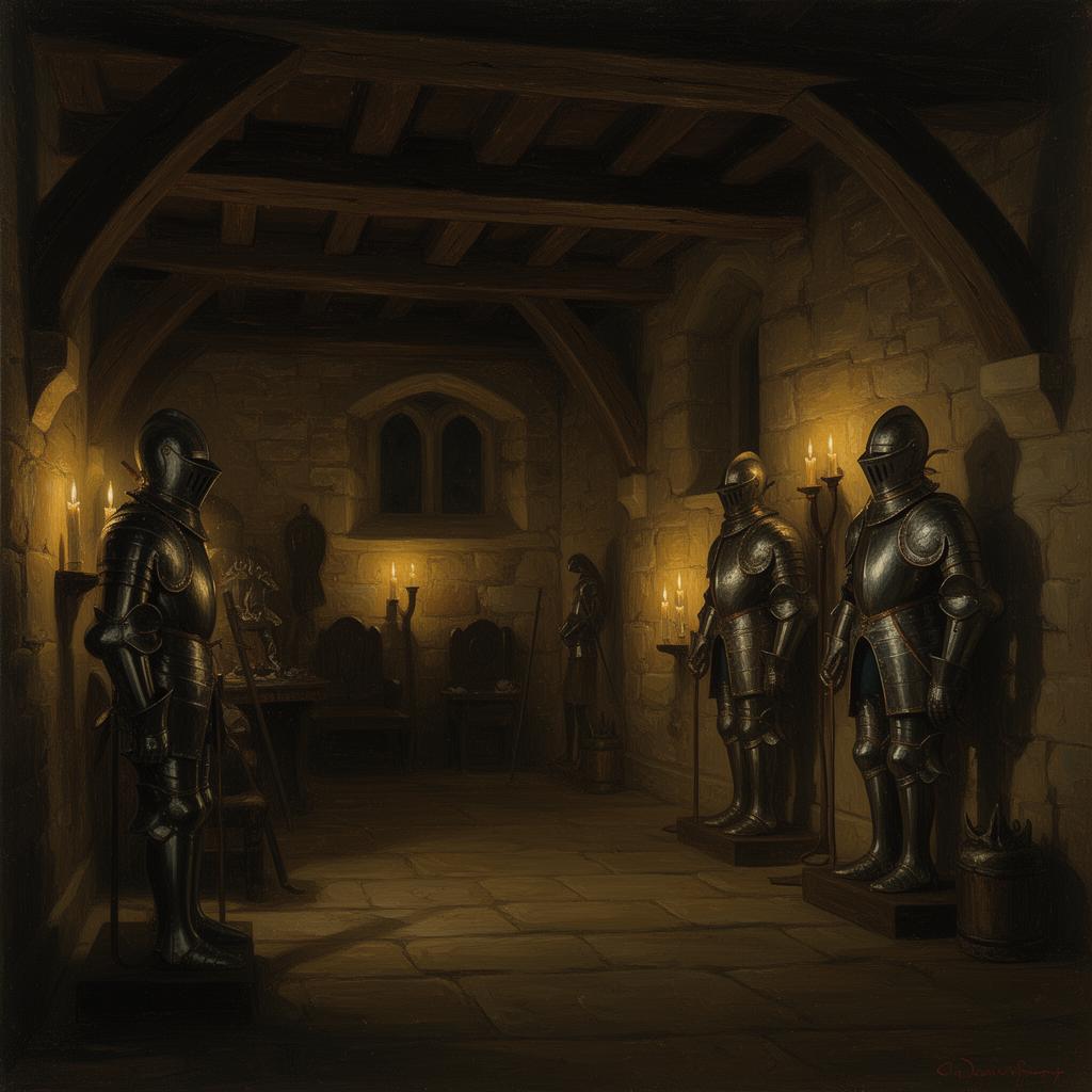 Stone-vaulted castle basement room with antique suits of armour standing in candlelit shadows, dark oak ship-timber beams overhead, deep chiaroscuro and warm umber tones, painterly editorial style.
