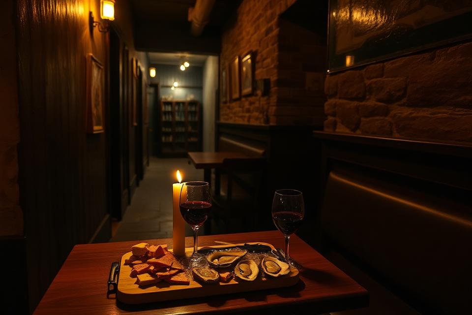 The Black Pig — a candlelit narrow winebar with a board of charcuterie and oysters on a wooden table, exposed stone wall.