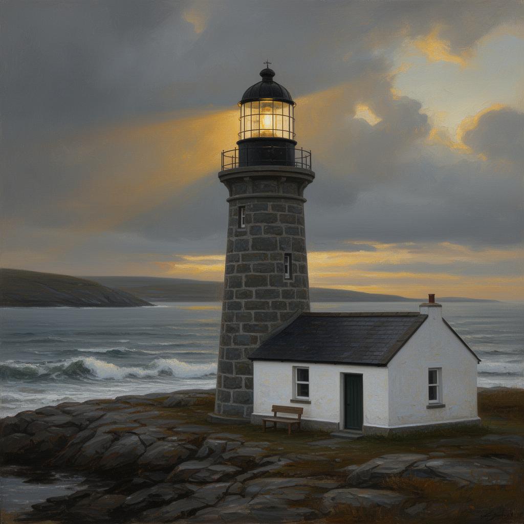 Square granite Blacksod Lighthouse and small whitewashed keeper's cottage on a low rocky shore at the southern tip of the Mullet Peninsula, the Atlantic stretching behind under a dramatic sky with shafts of golden evening light hitting the tower, painterly editorial style.