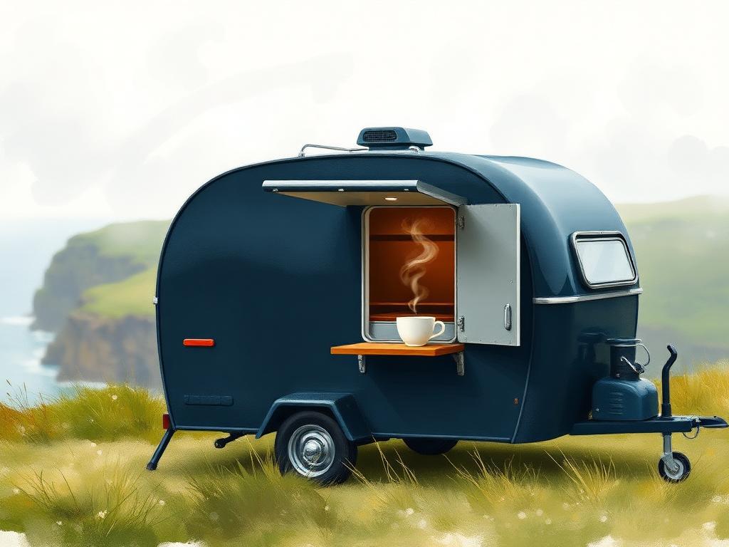 Painterly view of a small dark navy catering trailer with its hatch open, a single takeaway cup wisping steam on its narrow wooden ledge, parked on a wild grassy clifftop with the Atlantic and a soft headland blurred behind under overcast pearl light.
