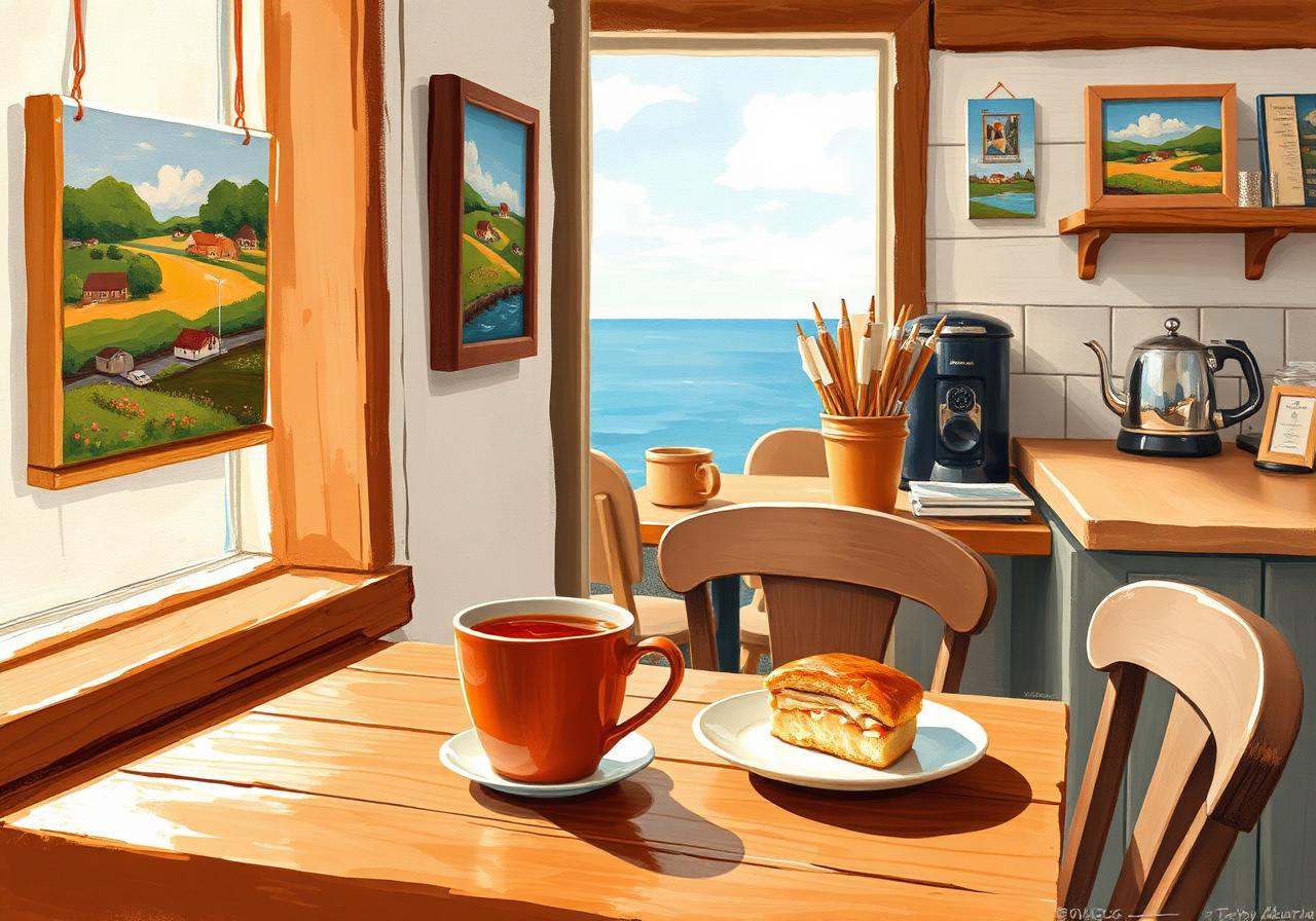 Warm interior of a small island café in West Town, Tory Island — wooden table by a window with a mug of tea and a buttered scone, naïve-style colourful island paintings on whitewashed walls, the Atlantic glimpsed through the window, painterly editorial style.