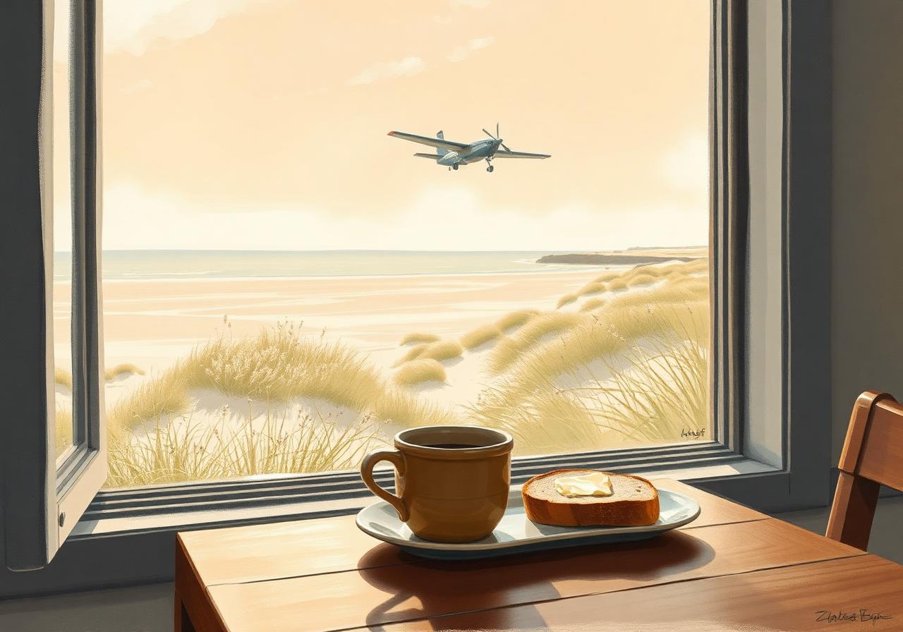 Painterly view through a wide café window at Carrickfinn — a small turboprop aircraft rising into a rose-gold sky over pale dunes and a long Atlantic beach, an earthenware coffee cup and a slice of buttered brown bread on a wooden table in the foreground.