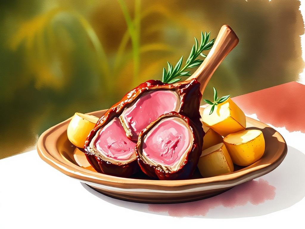 A plate of pink-roasted Achill mountain lamb with rosemary and buttered potatoes on a rustic ceramic plate, warm light catching the meat