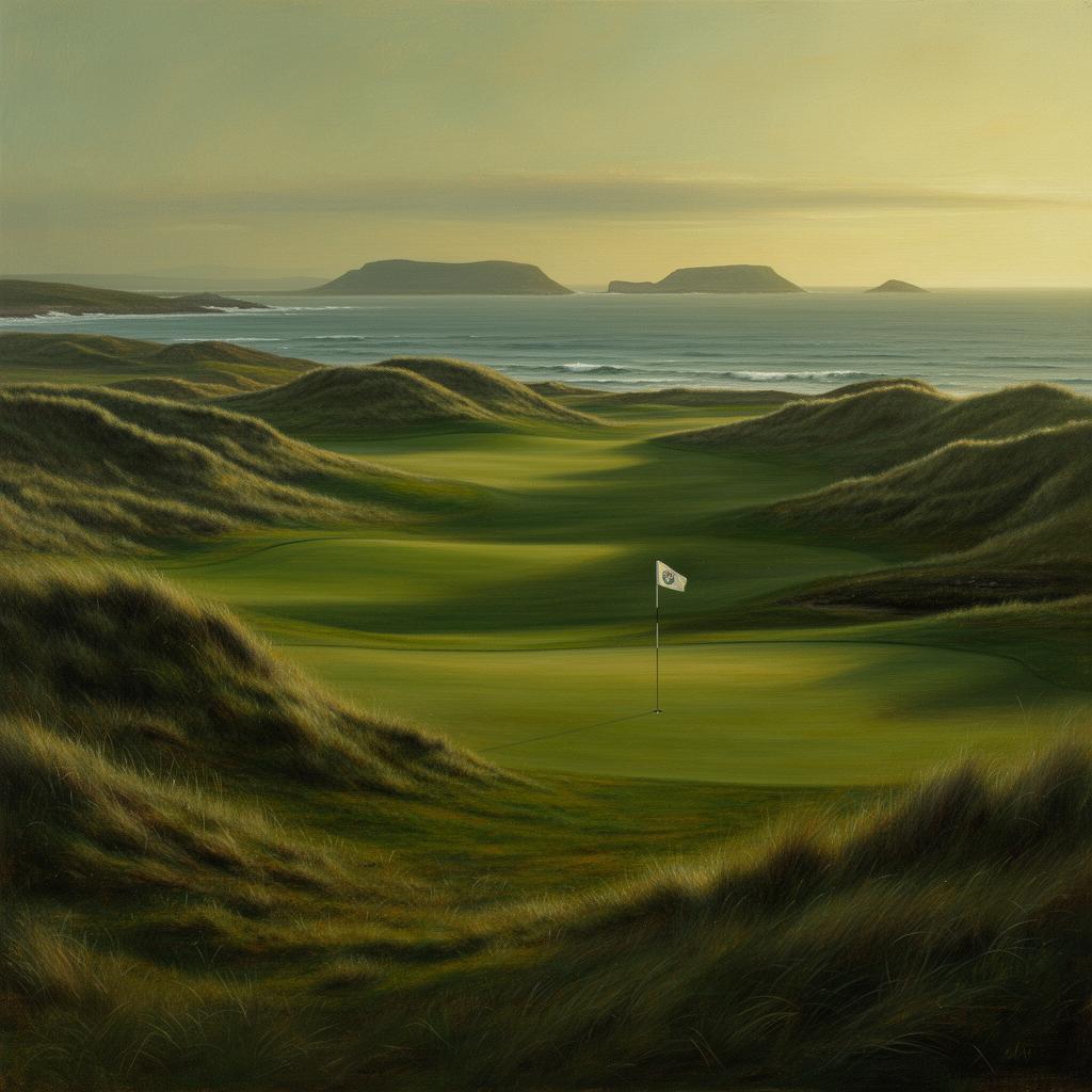 A wild Atlantic links golf green at golden hour set among undulating tall grassy sand dunes south of Belmullet, a single white pin flag in the centre, the Atlantic and the silhouette of the Inishkea islands on the horizon beyond, painterly editorial style.