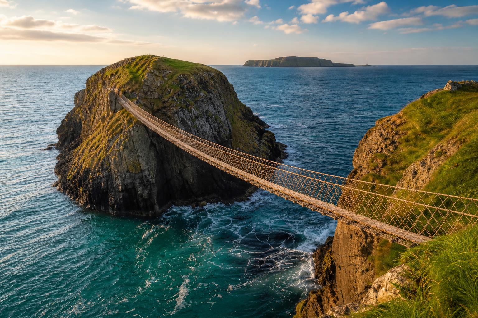 The Carrick-a-Rede rope bridge spanning a chasm above turquoise Atlantic water.