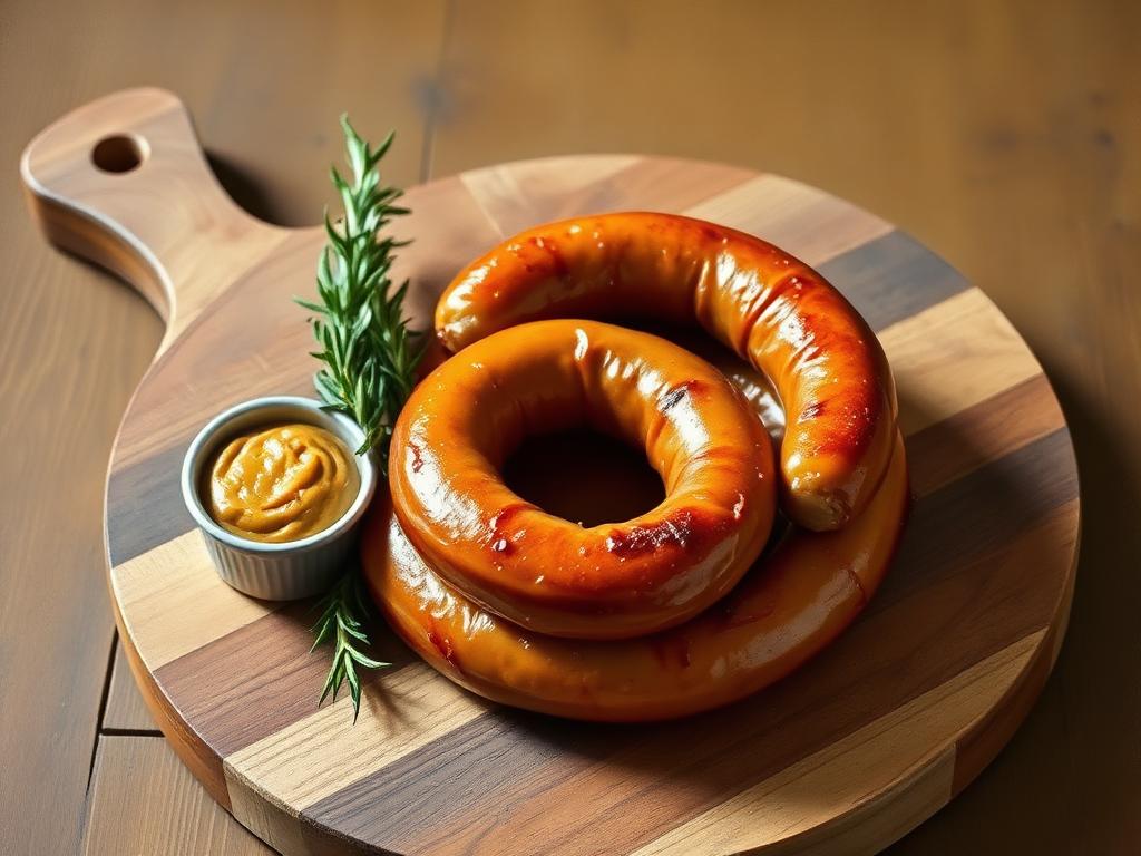 Painterly still life of a coiled ring of golden caramelised Irish pork sausages on a round wooden serving board, a sprig of rosemary and a small ramekin of grain mustard beside them in warm overhead light.