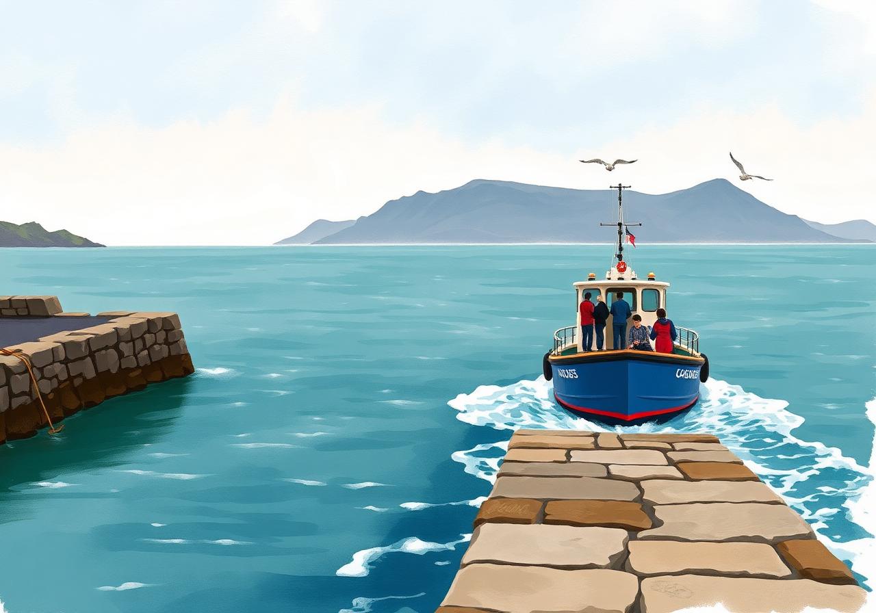 Small blue and white island passenger ferry pulling away from a stone pier at Roonagh, Clare Island and Knockmore mountain silhouetted across the choppy Atlantic in the distance, gulls overhead, painterly editorial style.