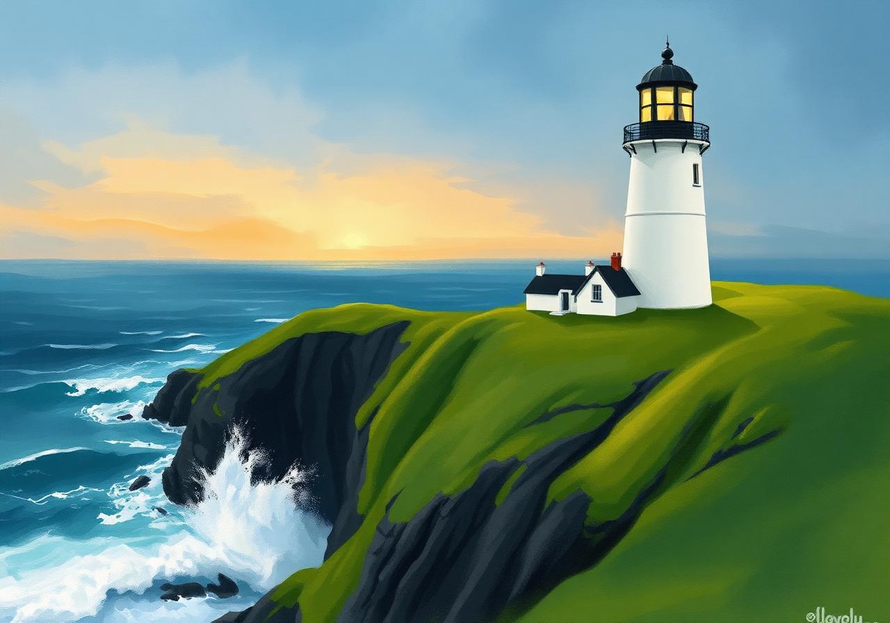 Restored 1806 white lighthouse and attached keepers' cottages perched on green clifftops at the north end of Clare Island, Atlantic crashing far below on three sides, dramatic evening light with a single warm window glow, painterly editorial style.