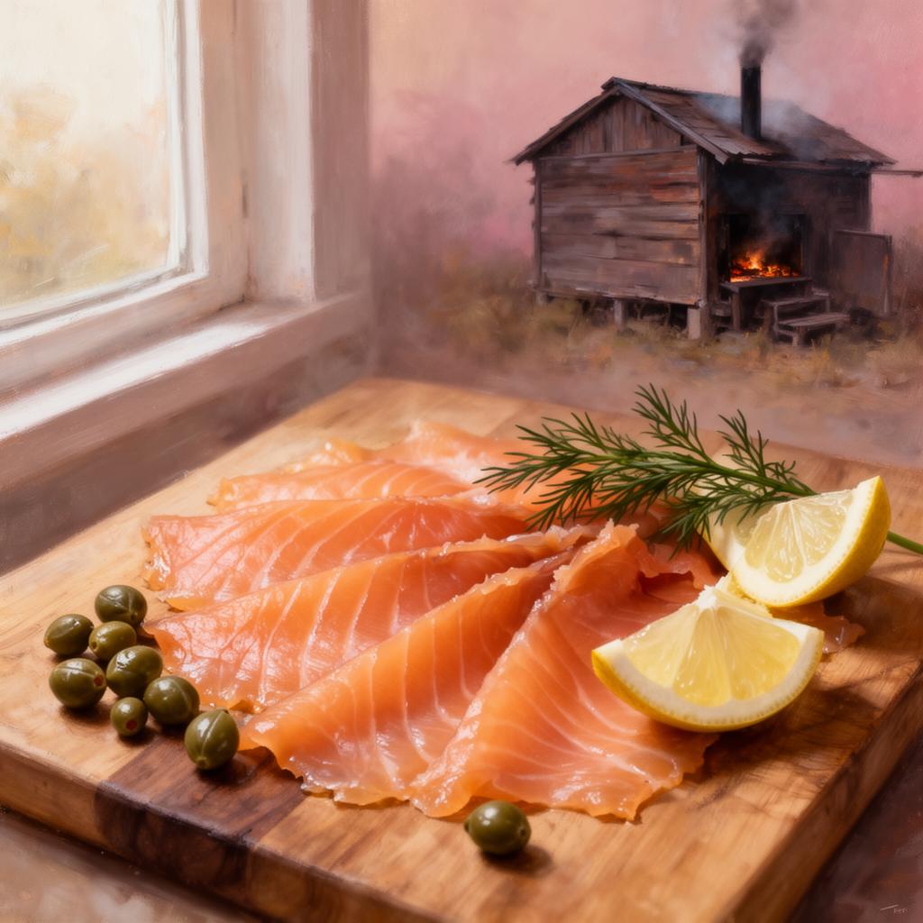 Thinly sliced wild Atlantic smoked salmon fanned out on a wooden board with capers, lemon wedges and a sprig of dill, soft natural window light, an old timber smoking shed glimpsed in the soft-focus background, painterly editorial style.