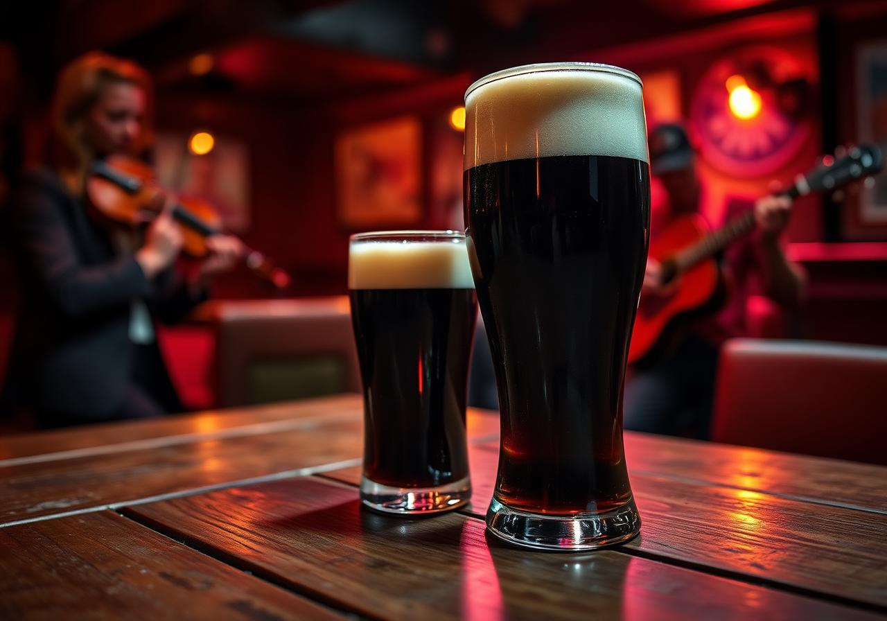 Close-up of a creamy-topped pint of stout on a worn wooden table in a dim island lounge bar, warm bokeh of a fiddler and a guitar player mid-session under coloured low lights, dancers blurred behind, painterly editorial style.