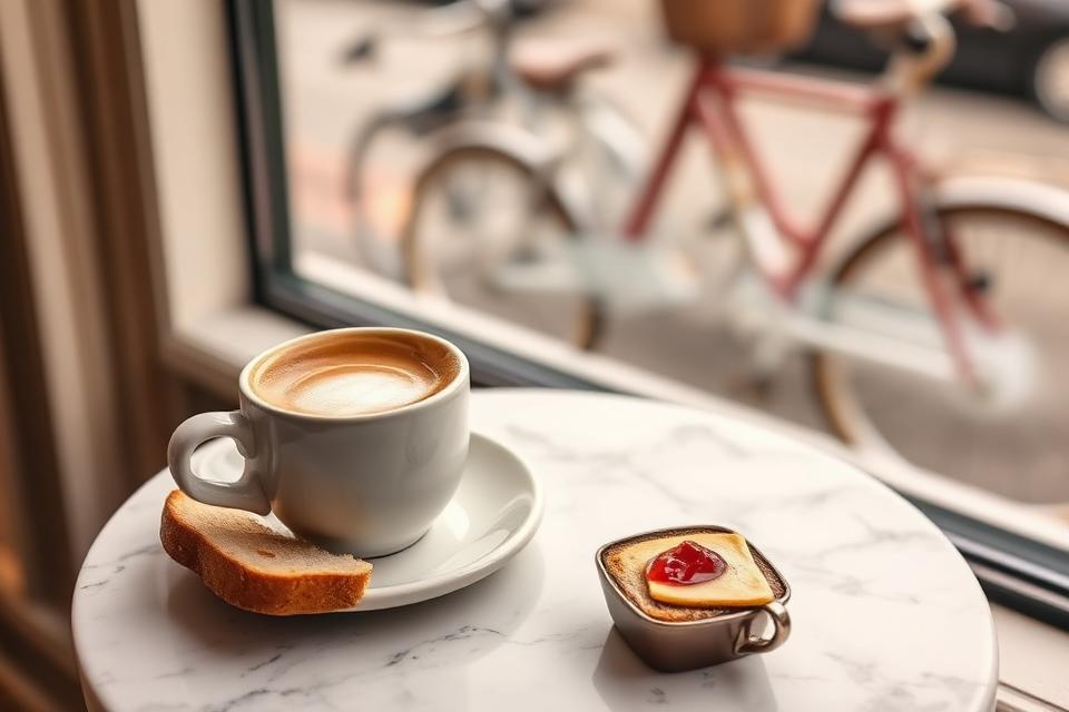 A flat white in a thick ceramic cup beside a slice of buttered sourdough on a marble tabletop at Cobblers, with a red bicycle parked outside the window blurred in the background.