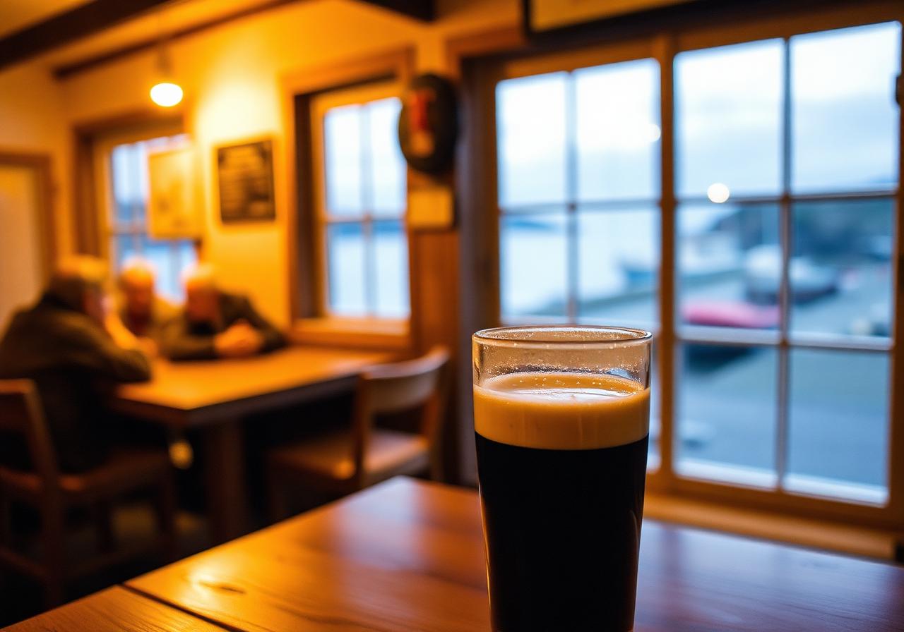 Close-up of a creamy-topped pint of stout on a wooden table in a community-owned island bar on Inishturk, warm bokeh of islanders chatting, dusk over the tiny harbour through the window beyond, painterly editorial style.