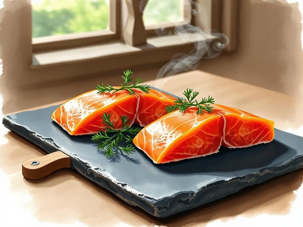 Sides of deep-orange smoked salmon laid on dark slate with a sprig of dill, a faint wisp of smoke rising in the background of a sunlit smokehouse window