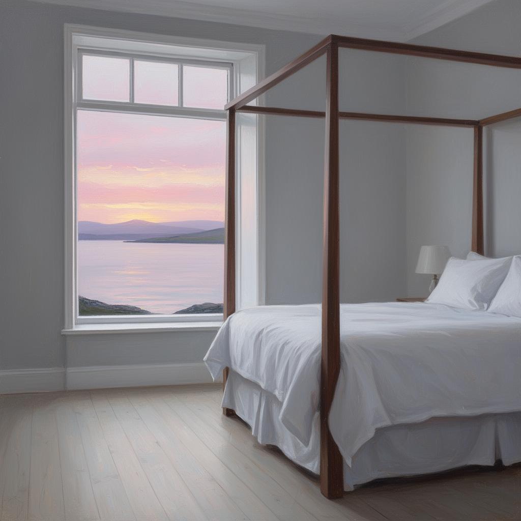 A boutique hotel bedroom with a four-poster bed dressed in white linen, tall sash window framing the wide expanse of Donegal Bay at sunrise in soft pink and gold light, pale wood floor, painterly editorial style.