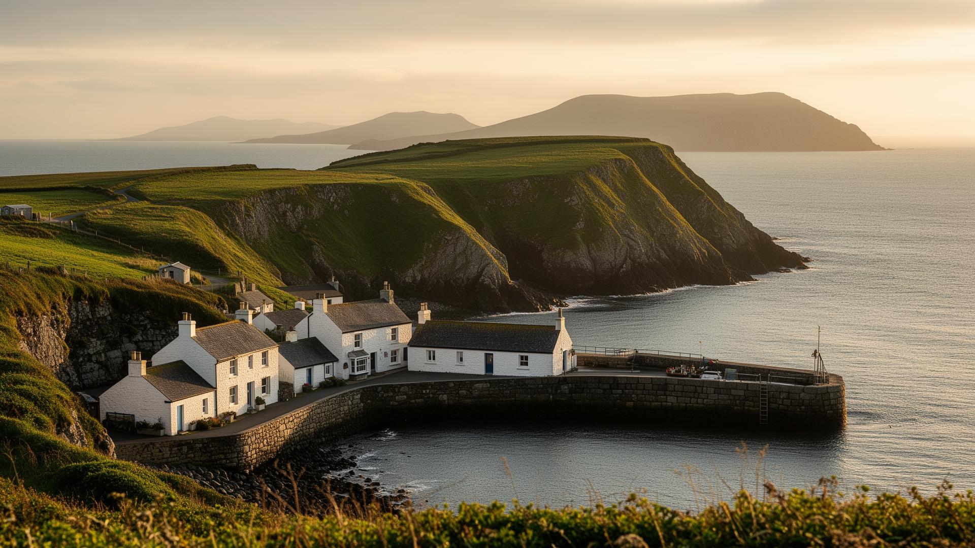 Whitewashed cottages and harbour wall at Cushendun with Torr Head beyond.