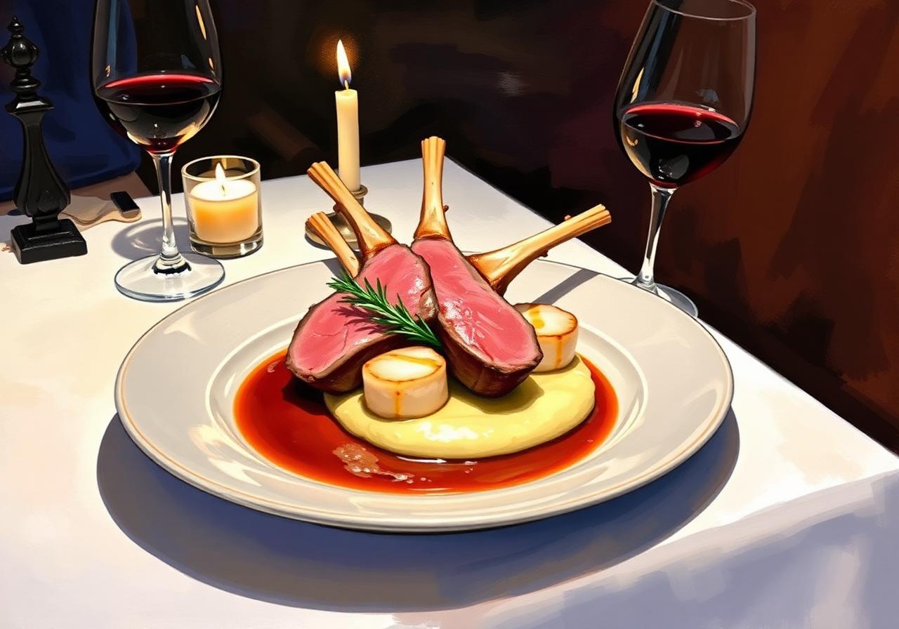 Painterly close-up of a fine-dining plate at Danny Minnie's — pink Donegal lamb cutlets fanned over celeriac purée with seared scallops and pan jus, a single rosemary sprig on top, two glasses of red wine and a candle on a white linen tablecloth in deep dining-room shadows.