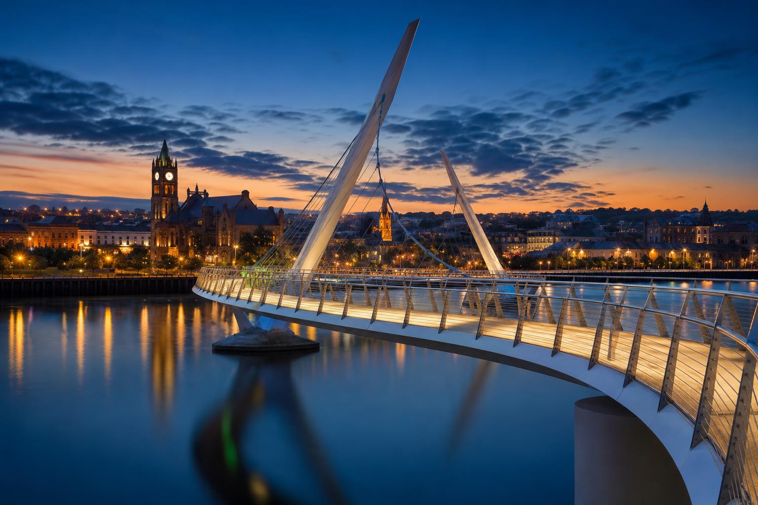 Derry at dusk — the curving Peace Bridge over the River Foyle lit with soft white lights, the historic walled city skyline behind including the Guildhall clock tower