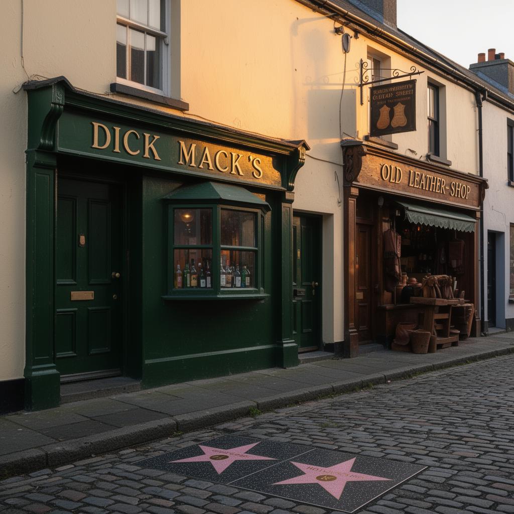The dark green and gold facade of Dick Mack's pub on Greene Street in Dingle, with the bay window of bottles and the old leather-shop sign next door.