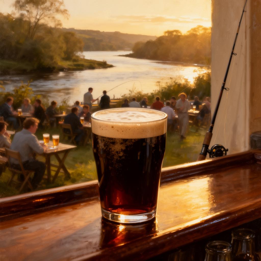 A pint of stout on a polished wooden bar with a beer garden of drinkers in golden evening light beyond, the River Moy curving past and a fly-fishing rod leaning against the wall — the salmon-fishing season scene at a Ballina riverside pub, painterly editorial style.