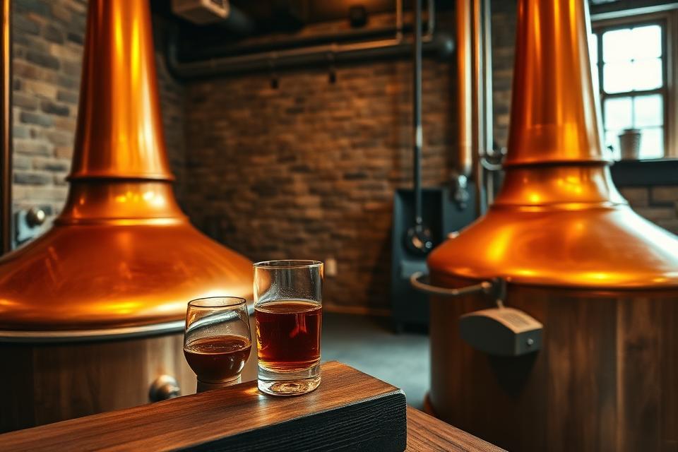 Dingle Distillery — two polished copper pot stills with their distinctive curved necks against a stone wall, a tasting glass of amber whiskey on a wooden ledge in the foreground.