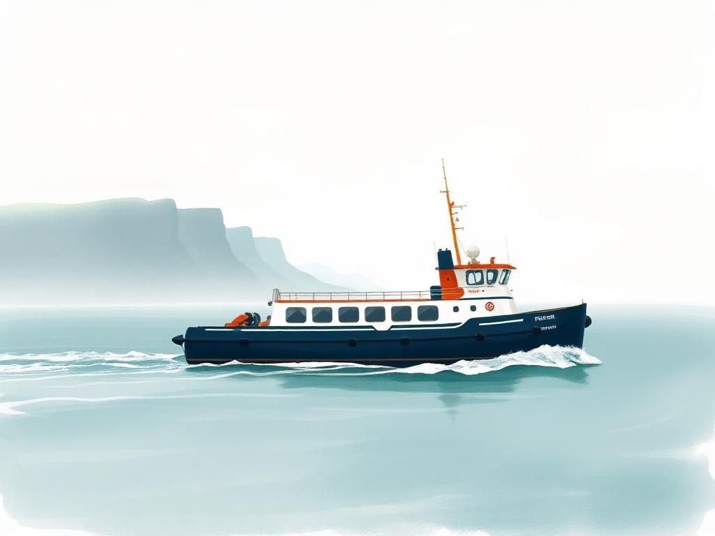 A passenger ferry on calm Atlantic water with the Cliffs of Moher faintly visible through sea mist in the distance