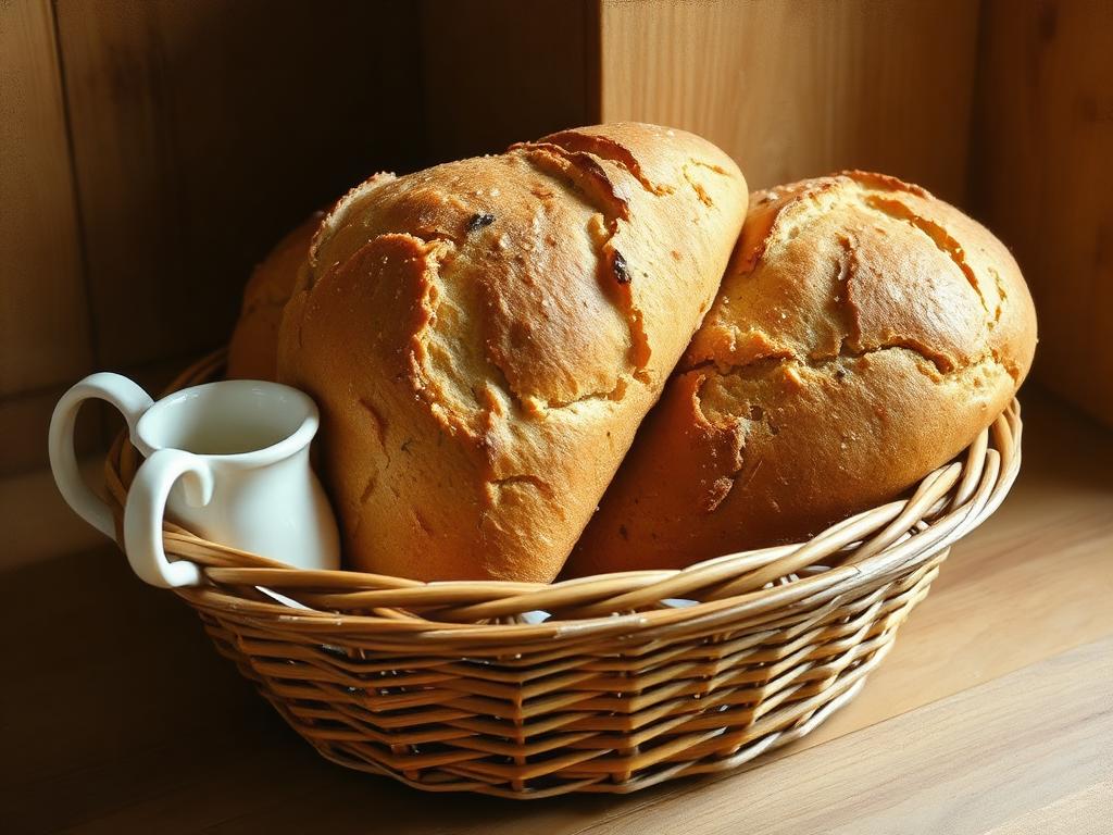 Painterly close-up of three golden-crusted brown soda bread loaves nestled in a wicker basket on a wooden shop counter, a small white ceramic jug of milk tucked beside them in warm honey-coloured side light.