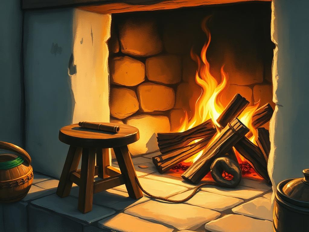 Painterly close-up of a blazing turf fire in an old stone hearth with a single empty wooden stool drawn up beside it, a tin whistle resting on the seat, warm flame light flickering on a whitewashed wall.