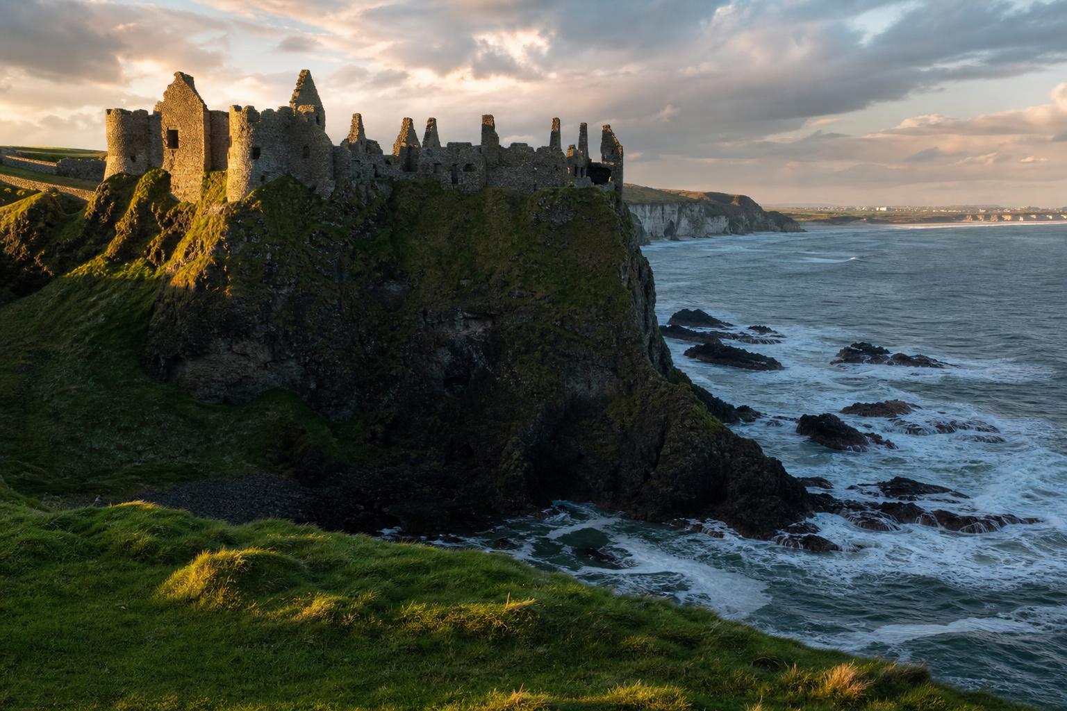 The ruined Dunluce Castle perched on a basalt sea stack at golden hour.