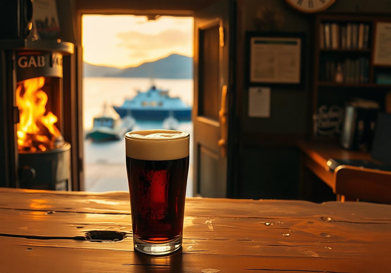 Close-up of a creamy-topped pint of stout on a battered dark wooden bar counter just inside an island pub door, a glowing turf fire on the left, doorway behind opening to a bokeh view of Arranmore harbour and the docked ferry at golden hour, painterly editorial style.
