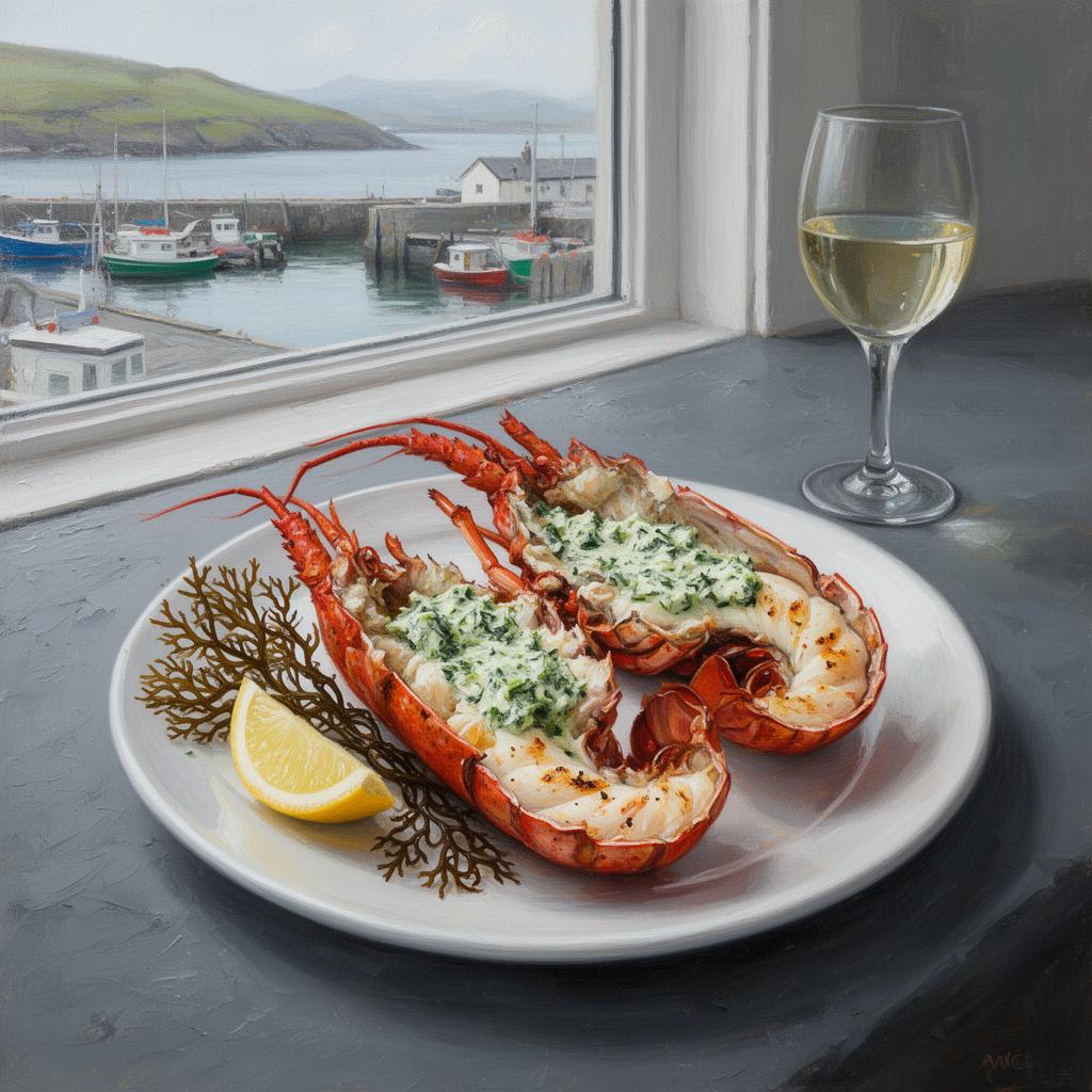 A whole grilled Mullaghmore lobster split in half with herb butter on a white plate, lemon and a frond of dillisk seaweed beside it, on a slate table with the harbour and fishing boats visible through the window, painterly editorial style.