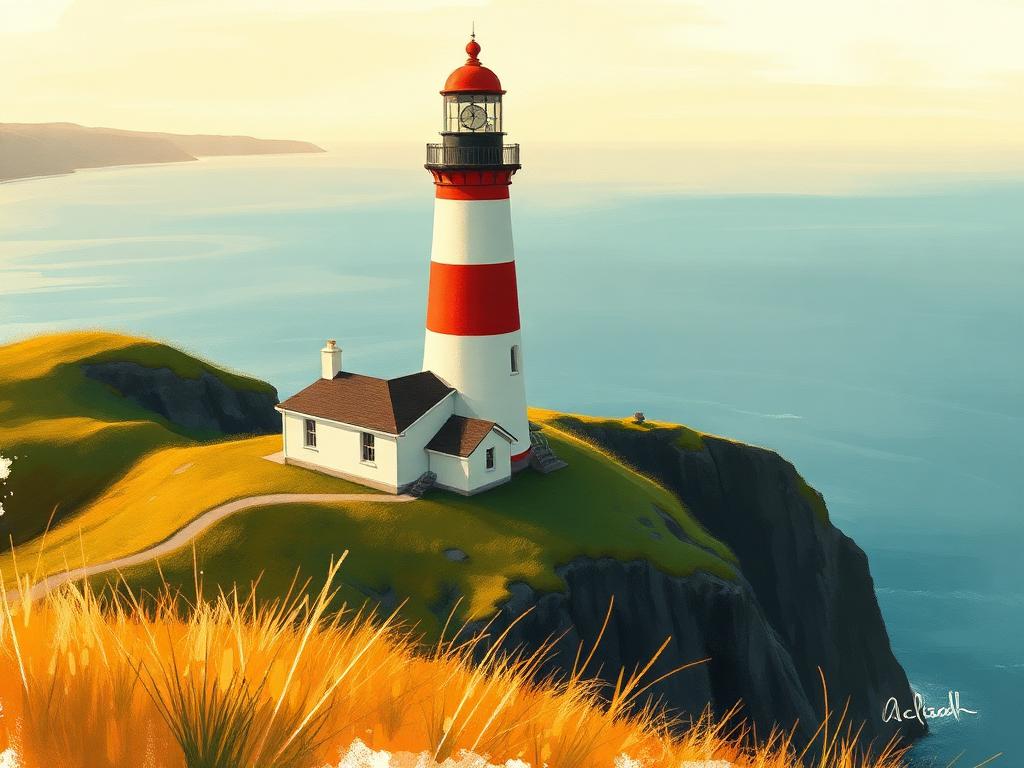 Painterly view of the candy-striped white-and-red Fanad Head Lighthouse tower rising above a small whitewashed keeper's cottage on grass-topped sea cliffs at golden hour, calm Atlantic stretching to the horizon and tall meadow grass in the foreground.