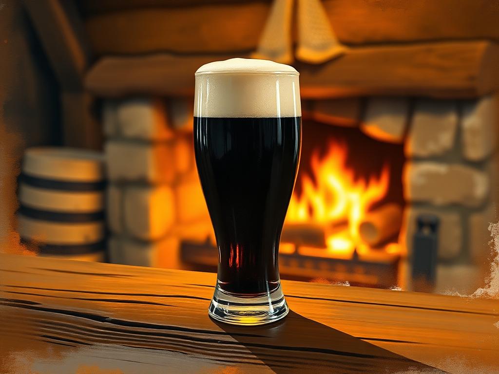 Painterly close-up of a single creamy-headed pint of dark stout standing on a worn wooden pub bar beside a glowing turf fire in a small whitewashed stone hearth, deep amber bokeh.